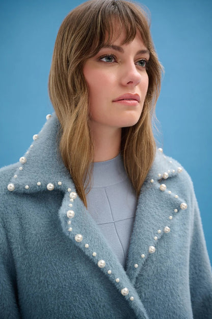 Joseph Ribkoff Chambray Pearl Trim Feather Yarn Coat 261997