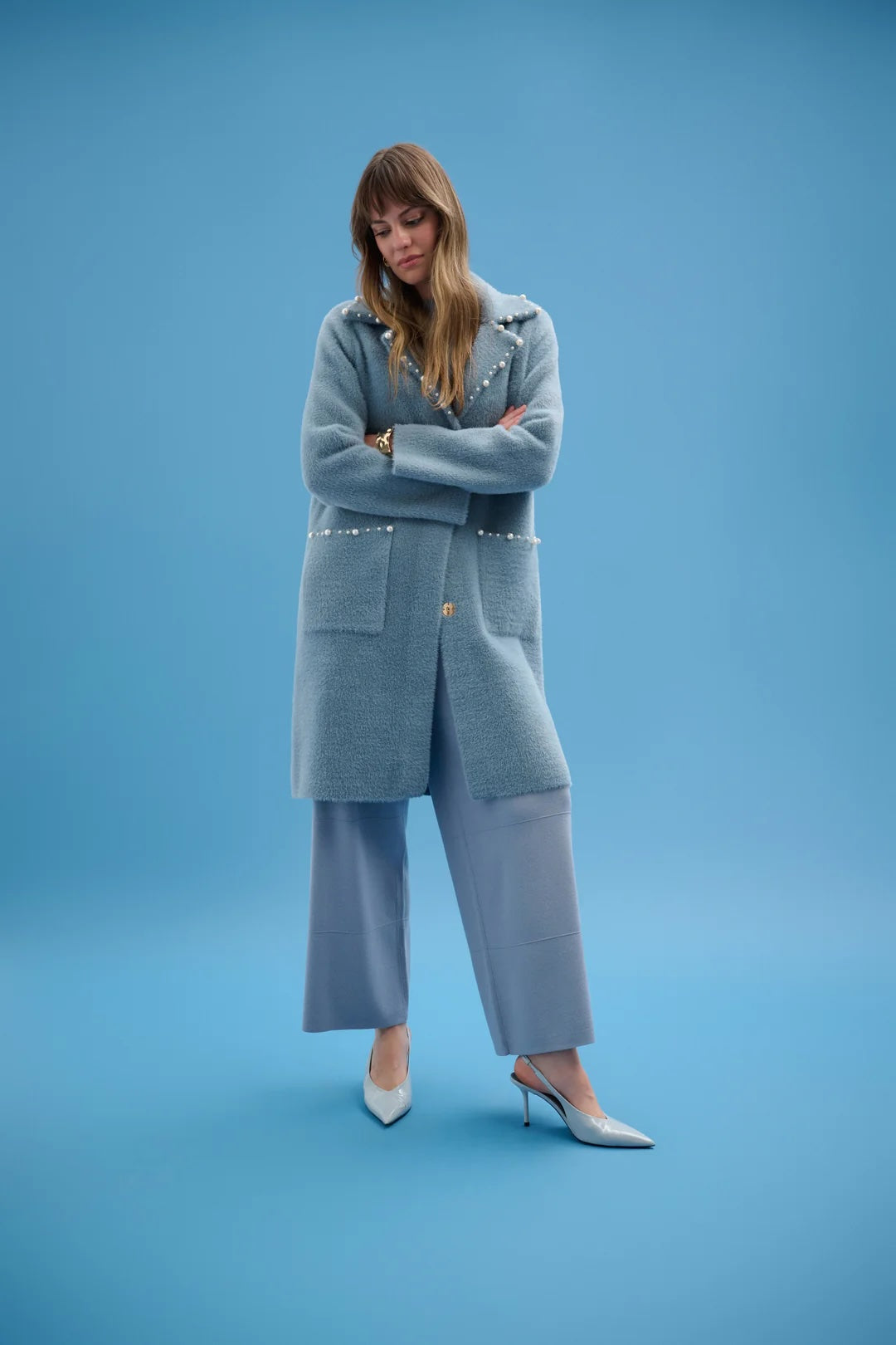 Joseph Ribkoff Chambray Pearl Trim Feather Yarn Coat 261997