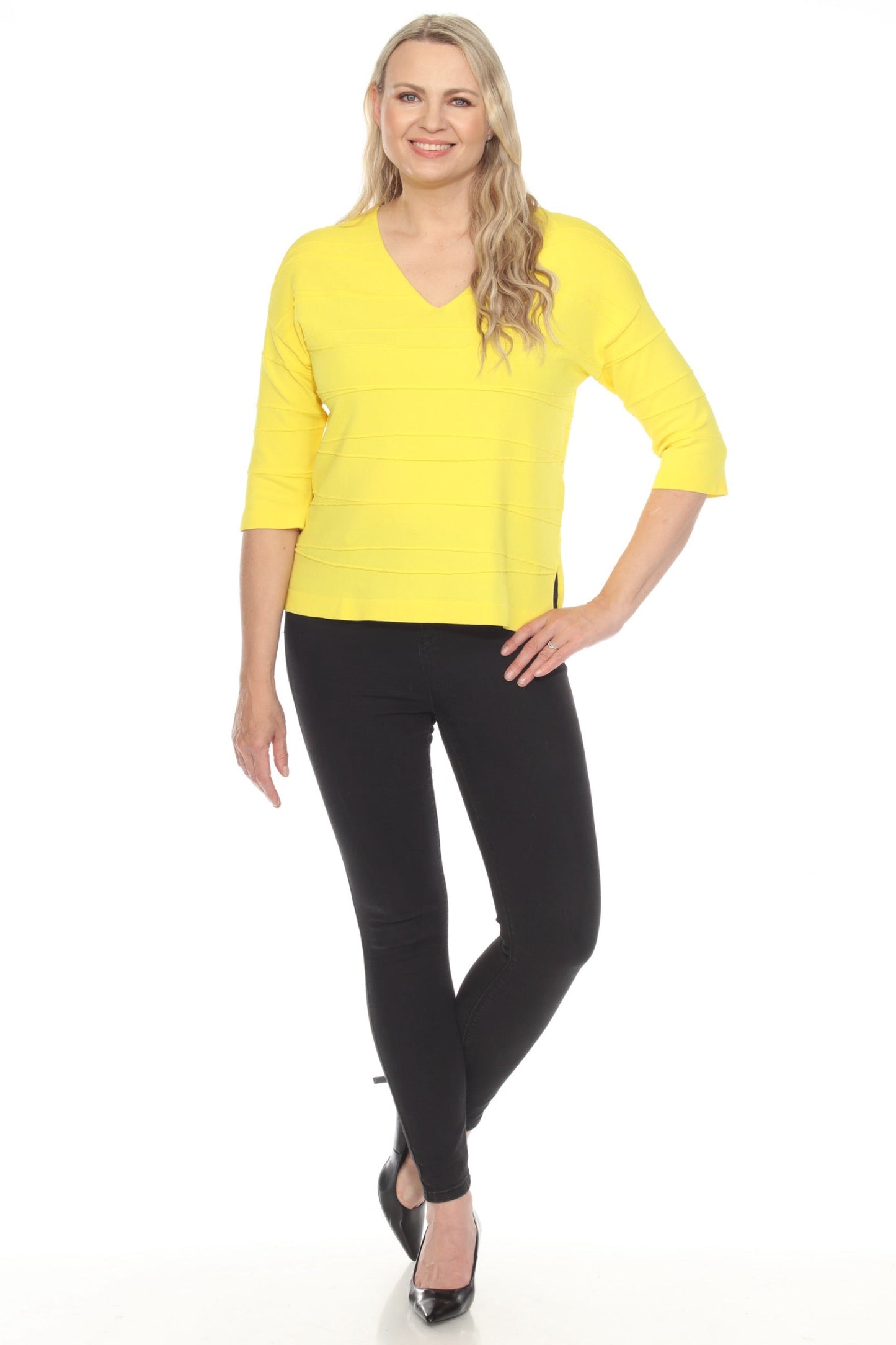 Joseph Ribkoff Textured Stripe V-Neck 3/4 Sleeve Knit Top 251923