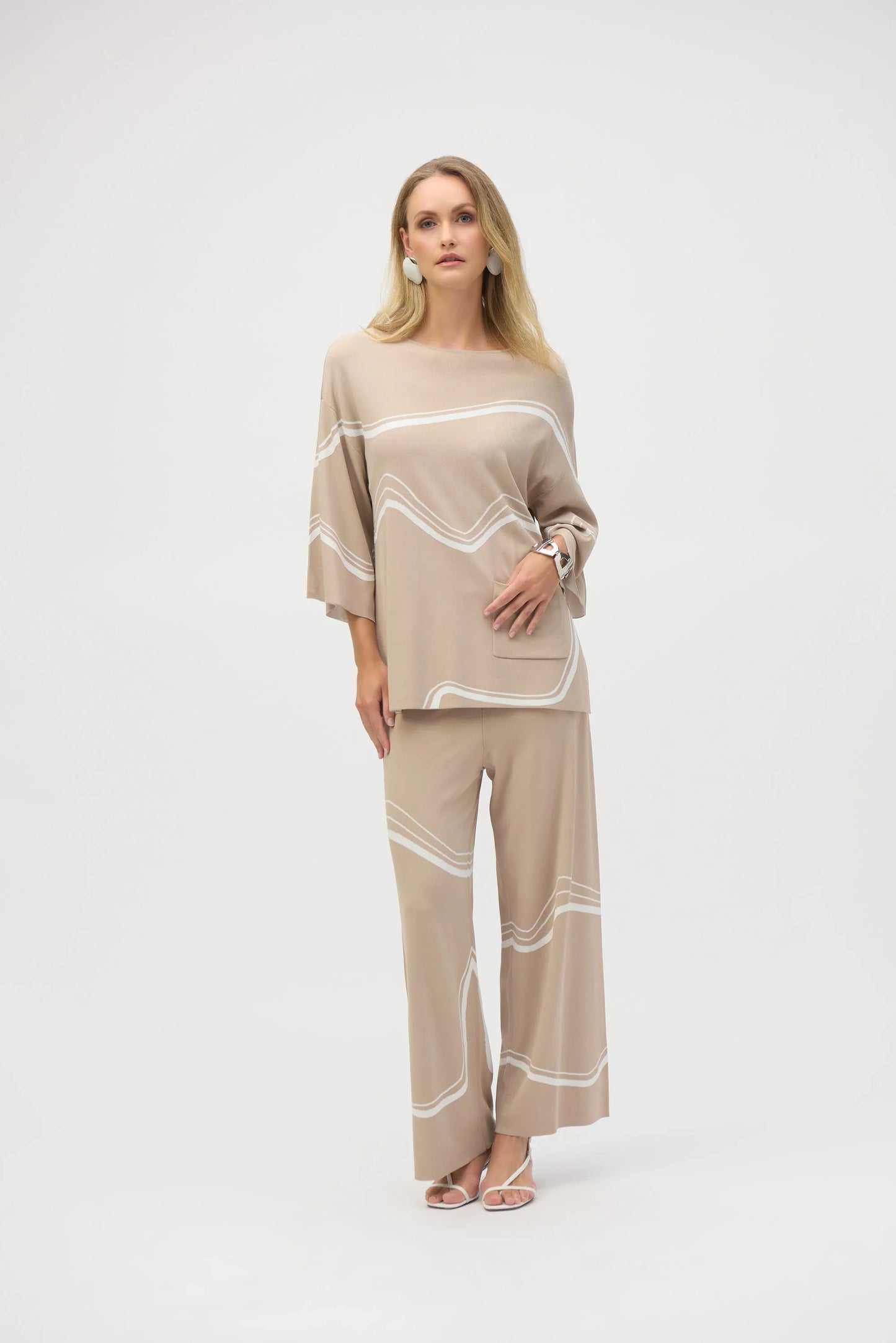 Joseph Ribkoff Dune/Ecru Wavy Stripes High Waist Wide Leg Pants 252931