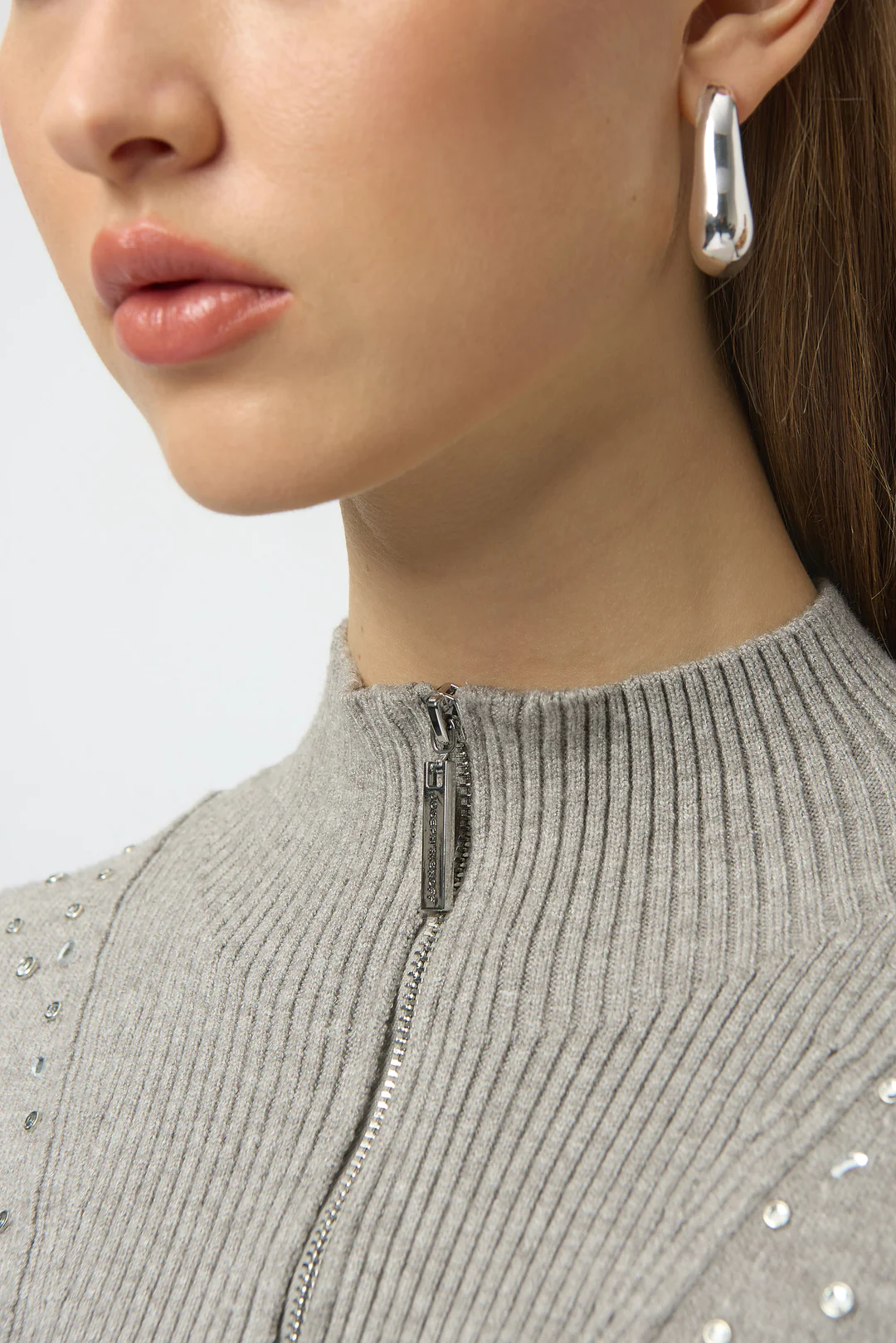 Joseph Ribkoff Embellished Zipped Mock Neck Pullover Sweater 254933
