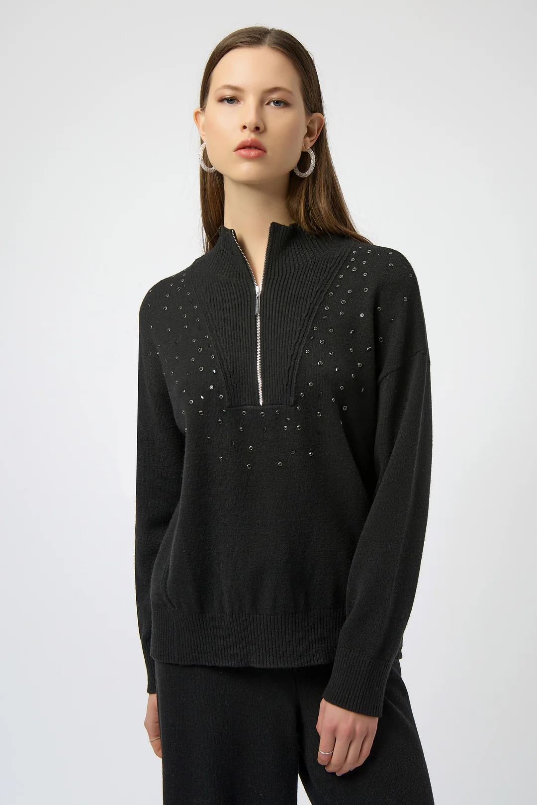 Joseph Ribkoff Embellished Zipped Mock Neck Pullover Sweater 254933