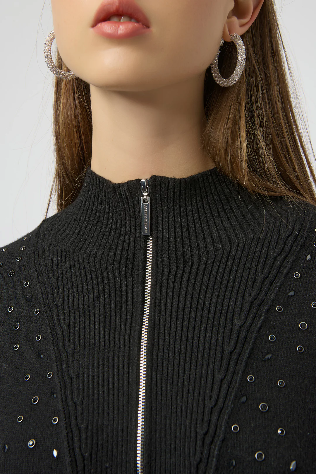 Joseph Ribkoff Embellished Zipped Mock Neck Pullover Sweater 254933