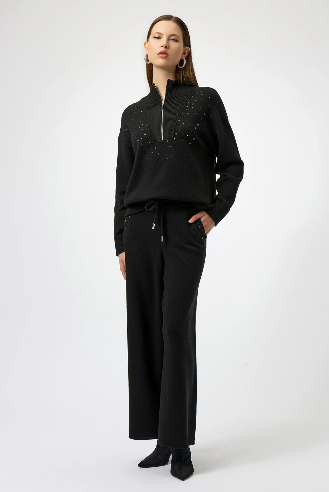Joseph Ribkoff Embellished Zipped Mock Neck Pullover Sweater 254933