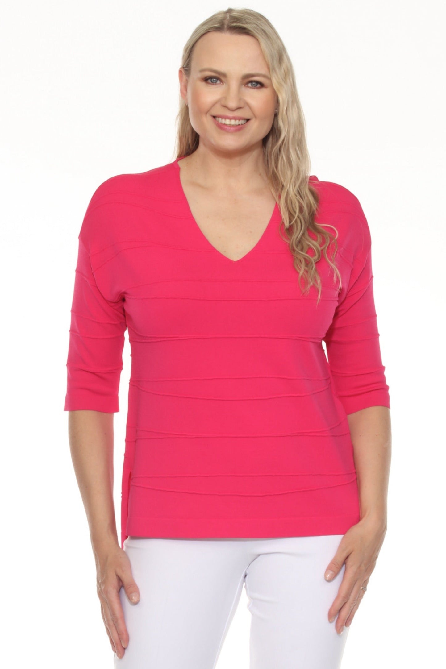 Joseph Ribkoff Textured Stripe V-Neck 3/4 Sleeve Knit Top 251923