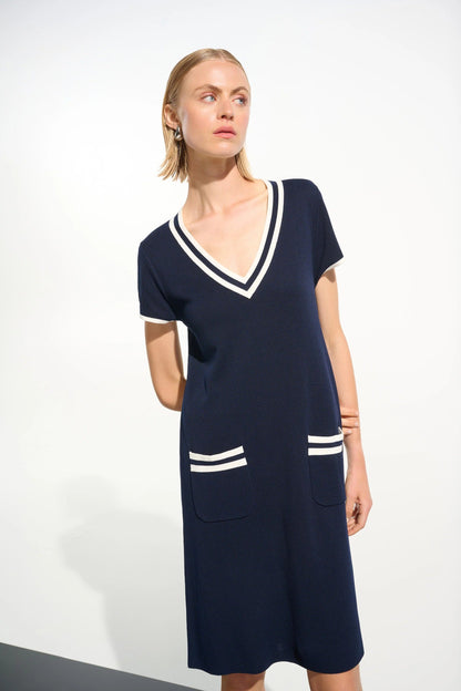 Joseph Ribkoff Indigo/Vanilla Striped Rib Trim A-Line Dress 261648