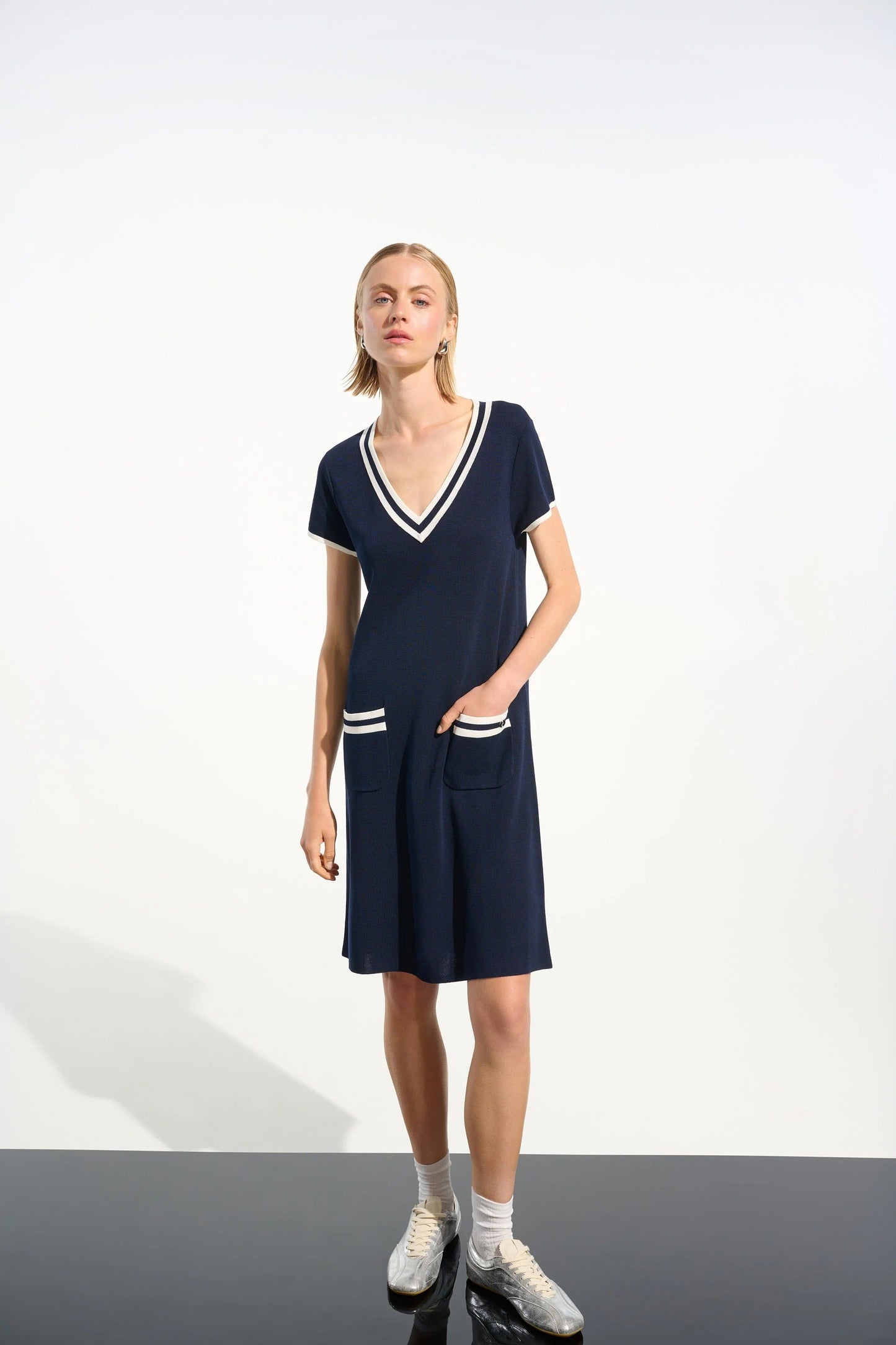 Joseph Ribkoff Indigo/Vanilla Striped Rib Trim A-Line Dress 261648