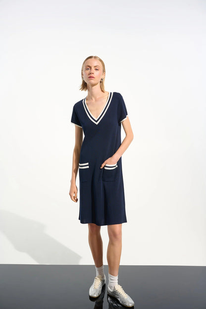 Joseph Ribkoff Indigo/Vanilla Striped Rib Trim A-Line Dress 261648