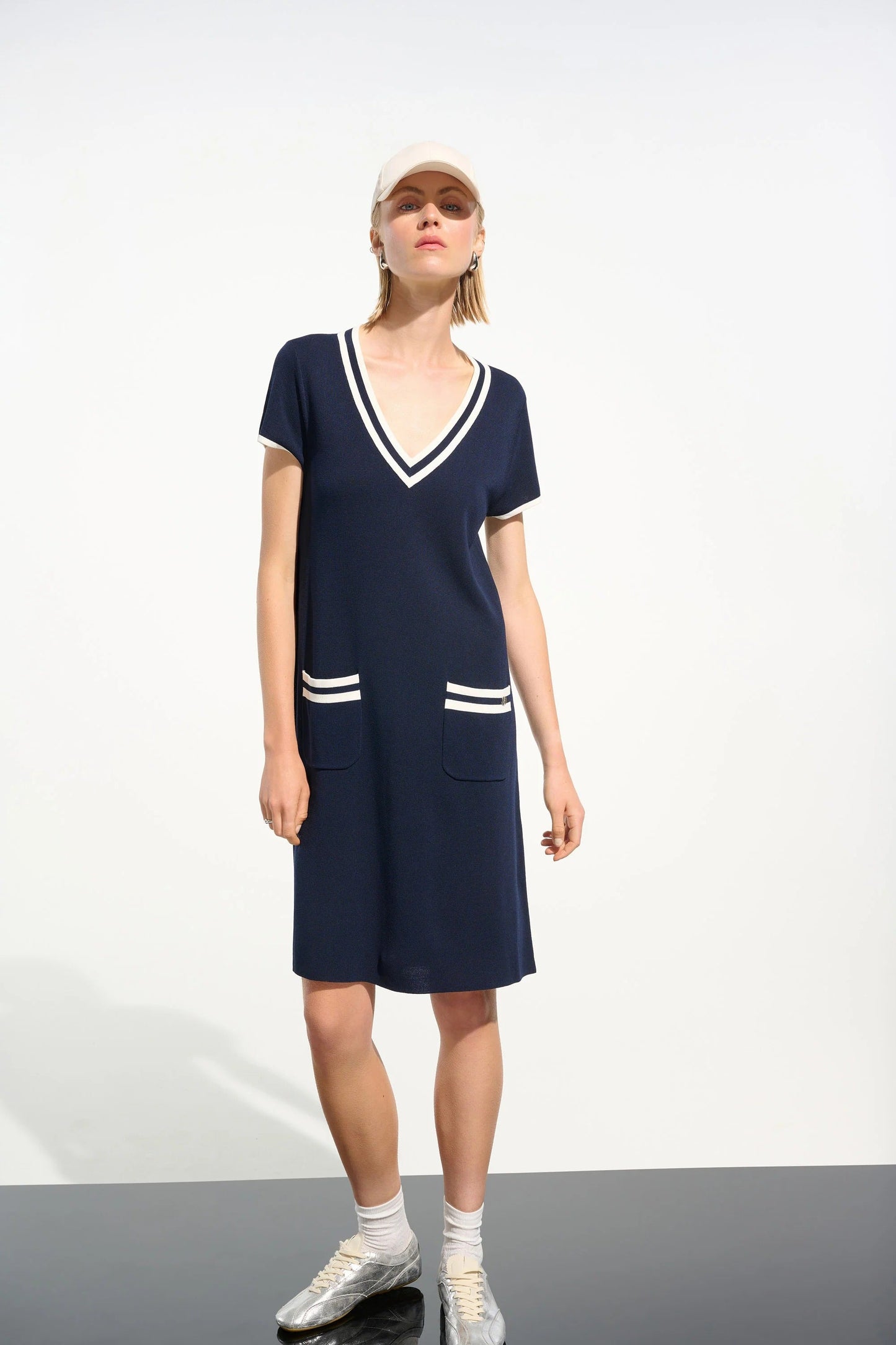 Joseph Ribkoff Indigo/Vanilla Striped Rib Trim A-Line Dress 261648