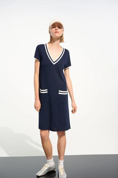 Joseph Ribkoff Indigo/Vanilla Striped Rib Trim A-Line Dress 261648