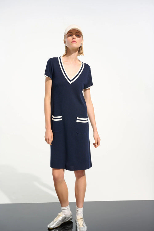 Joseph Ribkoff Indigo/Vanilla Striped Rib Trim A-Line Dress 261648