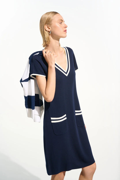 Joseph Ribkoff Indigo/Vanilla Striped Rib Trim A-Line Dress 261648