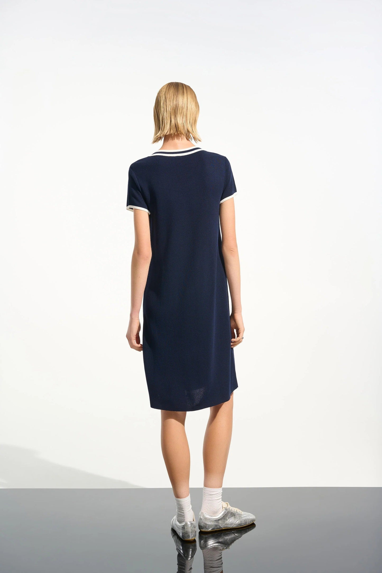 Joseph Ribkoff Indigo/Vanilla Striped Rib Trim A-Line Dress 261648