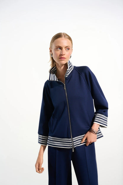 Joseph Ribkoff Indigo/Vanilla Striped Zip Up Boxy Jacket 261617