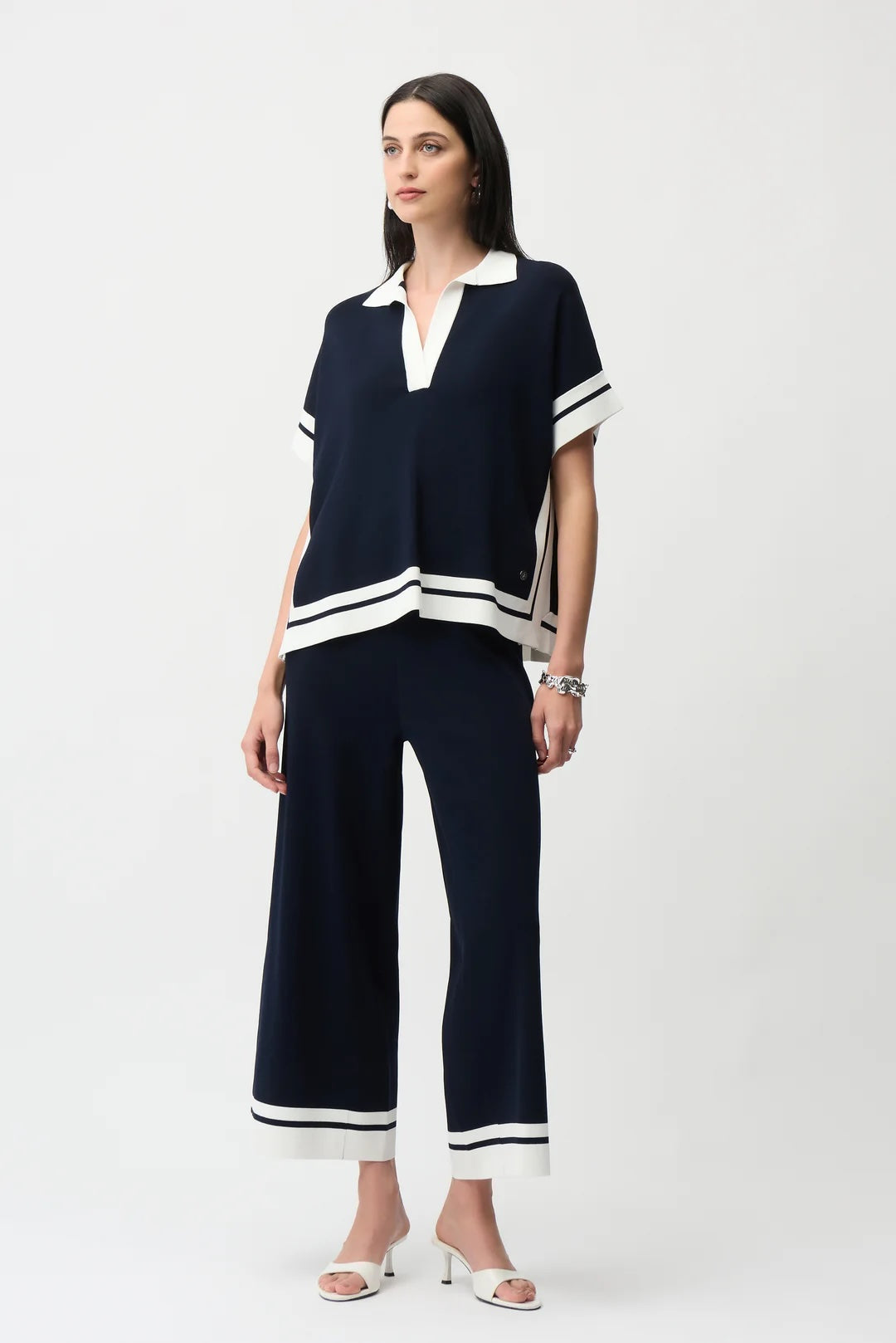 Joseph Ribkoff Midnight Blue/Vanilla Striped Boxy Polo Sweater 261941