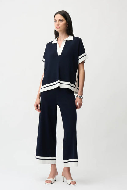 Joseph Ribkoff Midnight Blue/Vanilla Striped Boxy Polo Sweater 261941