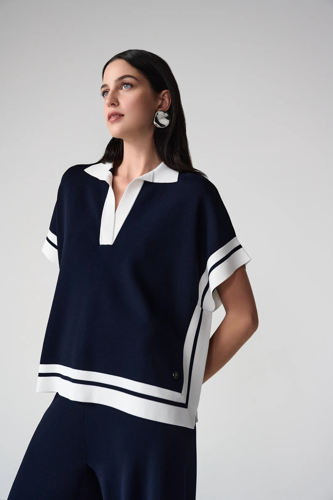 Joseph Ribkoff Midnight Blue/Vanilla Striped Boxy Polo Sweater 261941