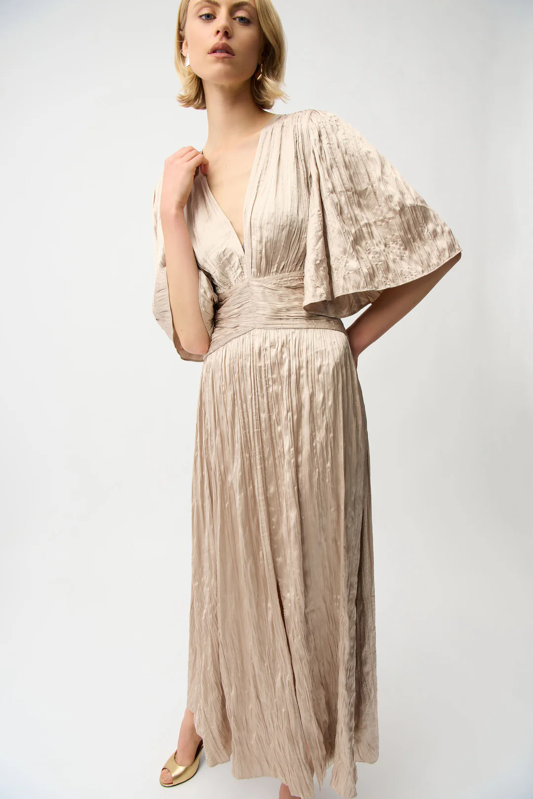 Joseph Ribkoff Pleated Satin V-Neck Maxi Dress 261962