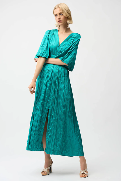 Joseph Ribkoff Pleated Satin V-Neck Maxi Dress 261962