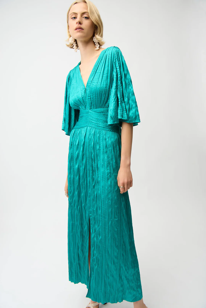 Joseph Ribkoff Pleated Satin V-Neck Maxi Dress 261962