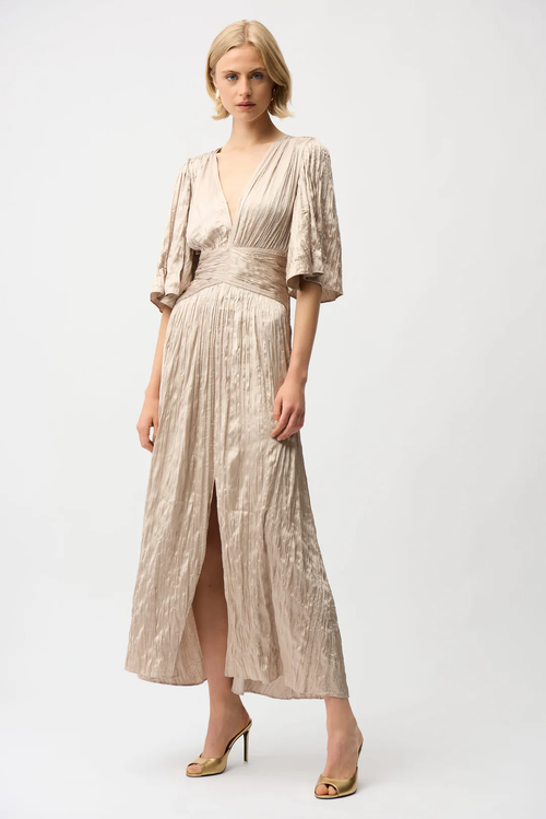 Joseph Ribkoff Pleated Satin V-Neck Maxi Dress 261962