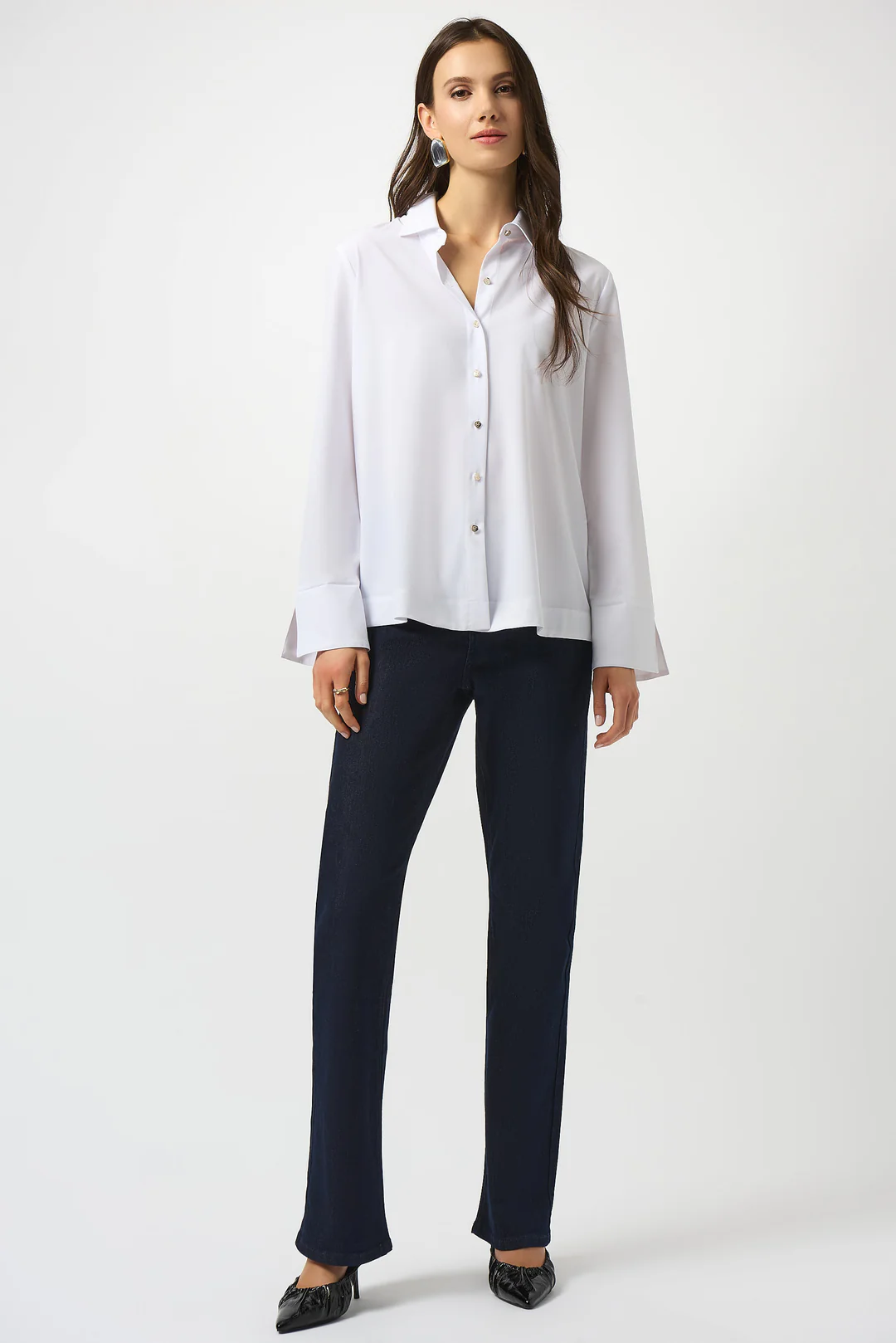 Joseph Ribkoff Poplin Button-Front Back Slit 3/4 Sleeves Top 253923