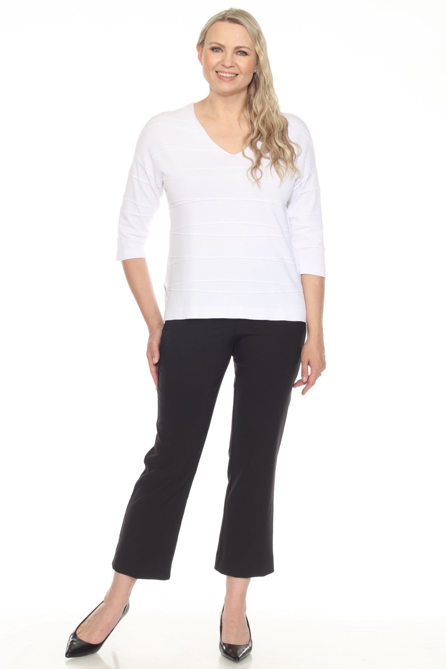 Joseph Ribkoff Textured Stripe V-Neck 3/4 Sleeve Knit Top 251923