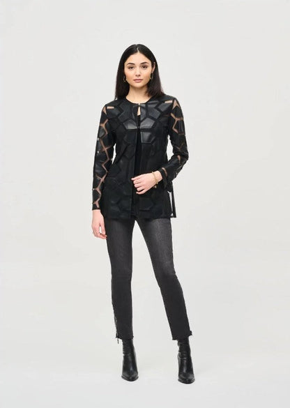 Joseph Ribkoff Faux Leather Geometric Laser Cutout Long Sleeve Jacket 241905