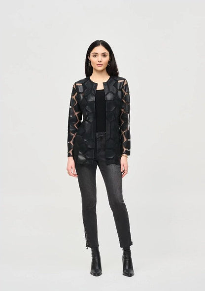 Joseph Ribkoff Faux Leather Geometric Laser Cutout Long Sleeve Jacket 241905