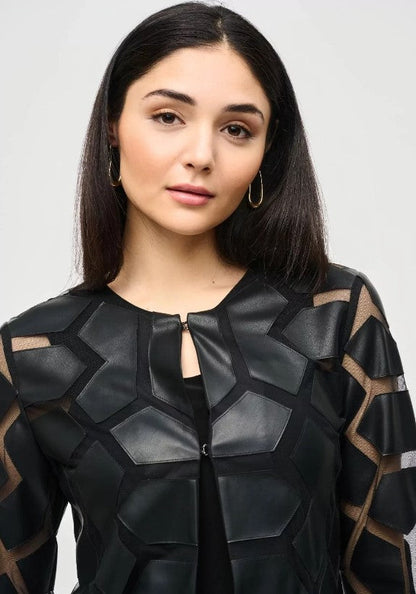Joseph Ribkoff Faux Leather Geometric Laser Cutout Long Sleeve Jacket 241905