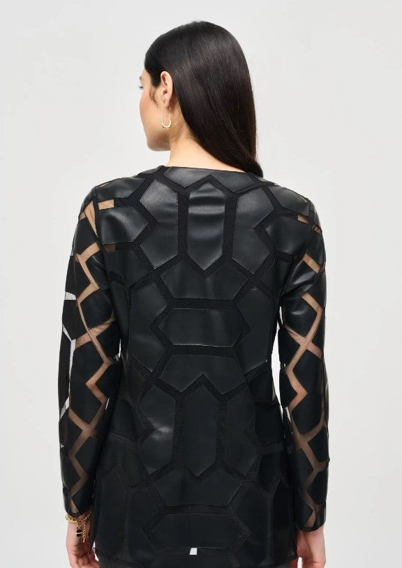 Joseph Ribkoff Faux Leather Geometric Laser Cutout Long Sleeve Jacket 241905