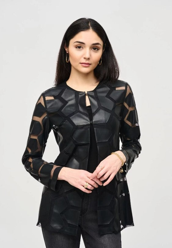 Joseph Ribkoff Faux Leather Geometric Laser Cutout Long Sleeve Jacket 241905