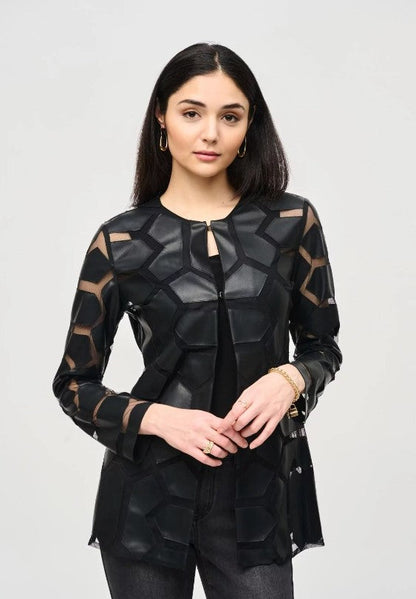 Joseph Ribkoff Faux Leather Geometric Laser Cutout Long Sleeve Jacket 241905