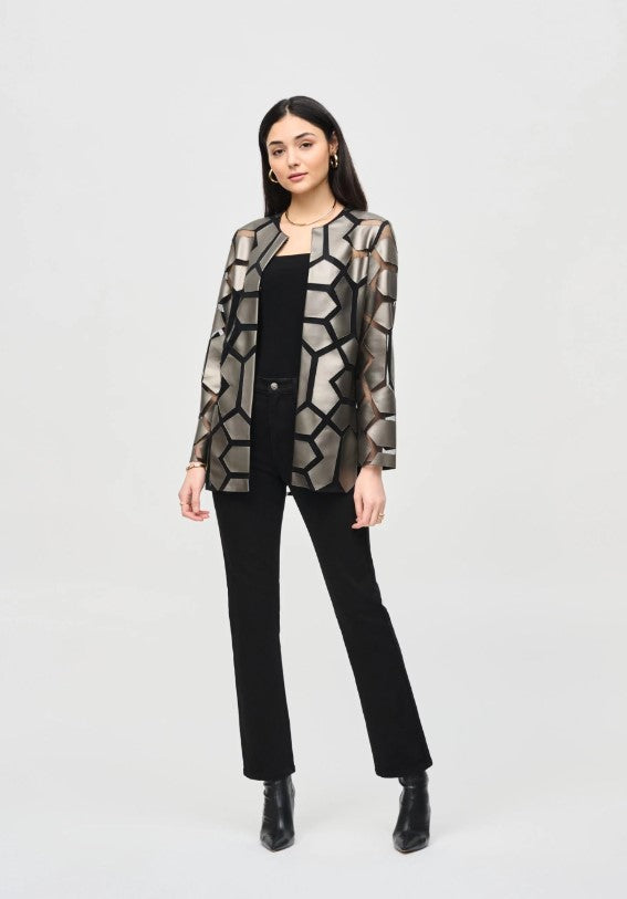 Joseph Ribkoff Faux Leather Geometric Laser Cutout Long Sleeve Jacket 241905