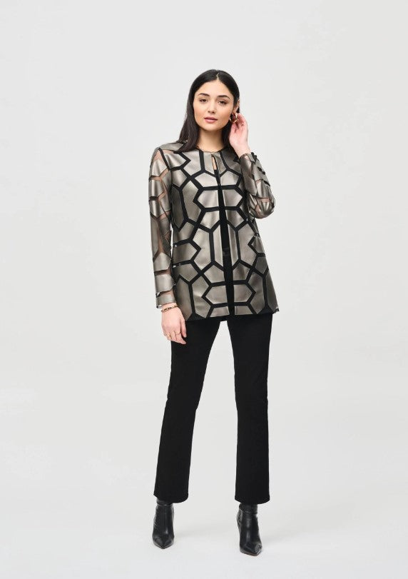 Joseph Ribkoff Faux Leather Geometric Laser Cutout Long Sleeve Jacket 241905