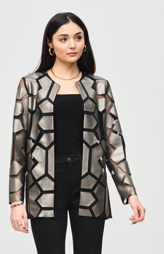 Joseph Ribkoff Faux Leather Geometric Laser Cutout Long Sleeve Jacket 241905