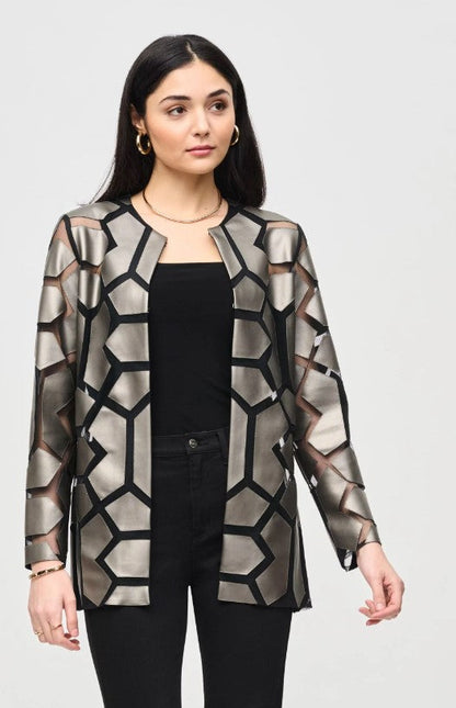 Joseph Ribkoff Faux Leather Geometric Laser Cutout Long Sleeve Jacket 241905