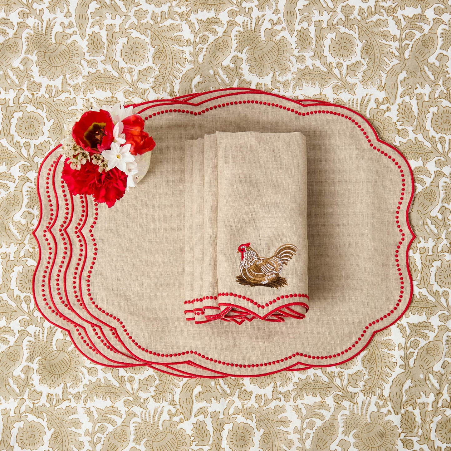 Putty & Red Eloise Linen Placemats & Henrietta Hen Napkins (Set of 4)