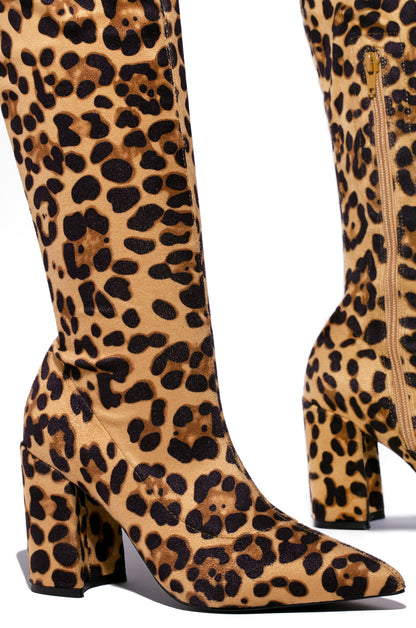 Make A Statement Block Heel Over The Knee Boots - Tan Leopard