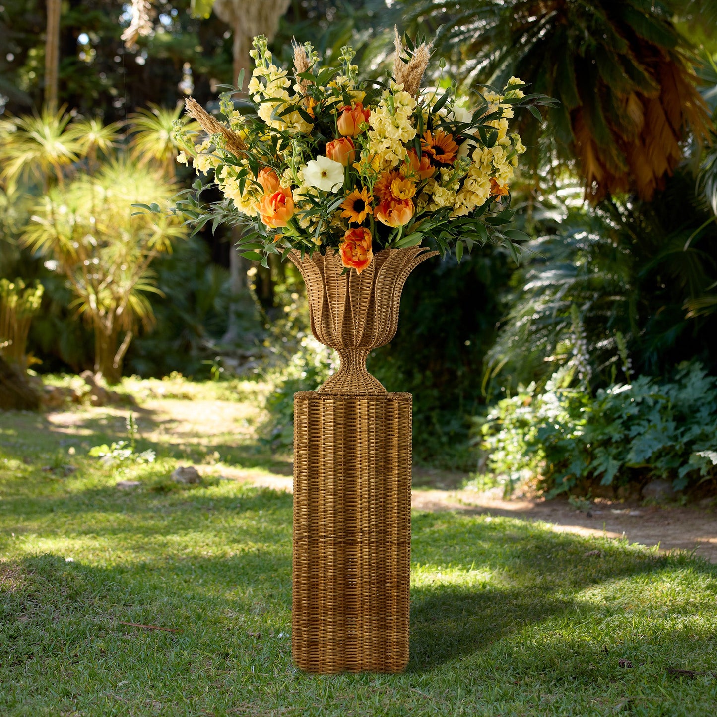 Palm Rattan Urn & Pedestal