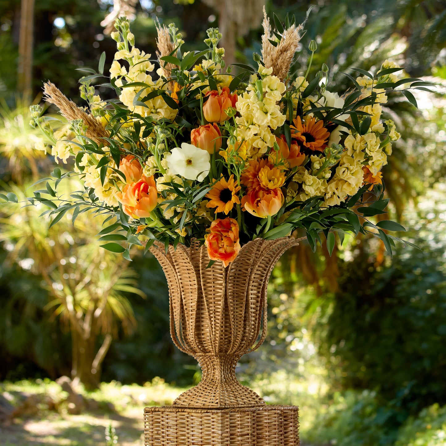 Palm Rattan Urn & Pedestal