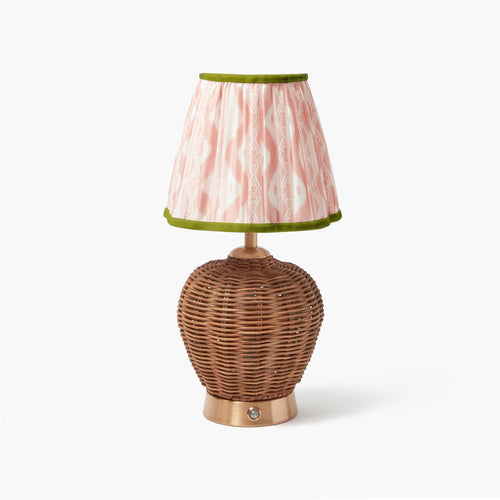 Rattan Ursula Rechargeable Lamp with Pink & Green Ikat Shade (18cm)