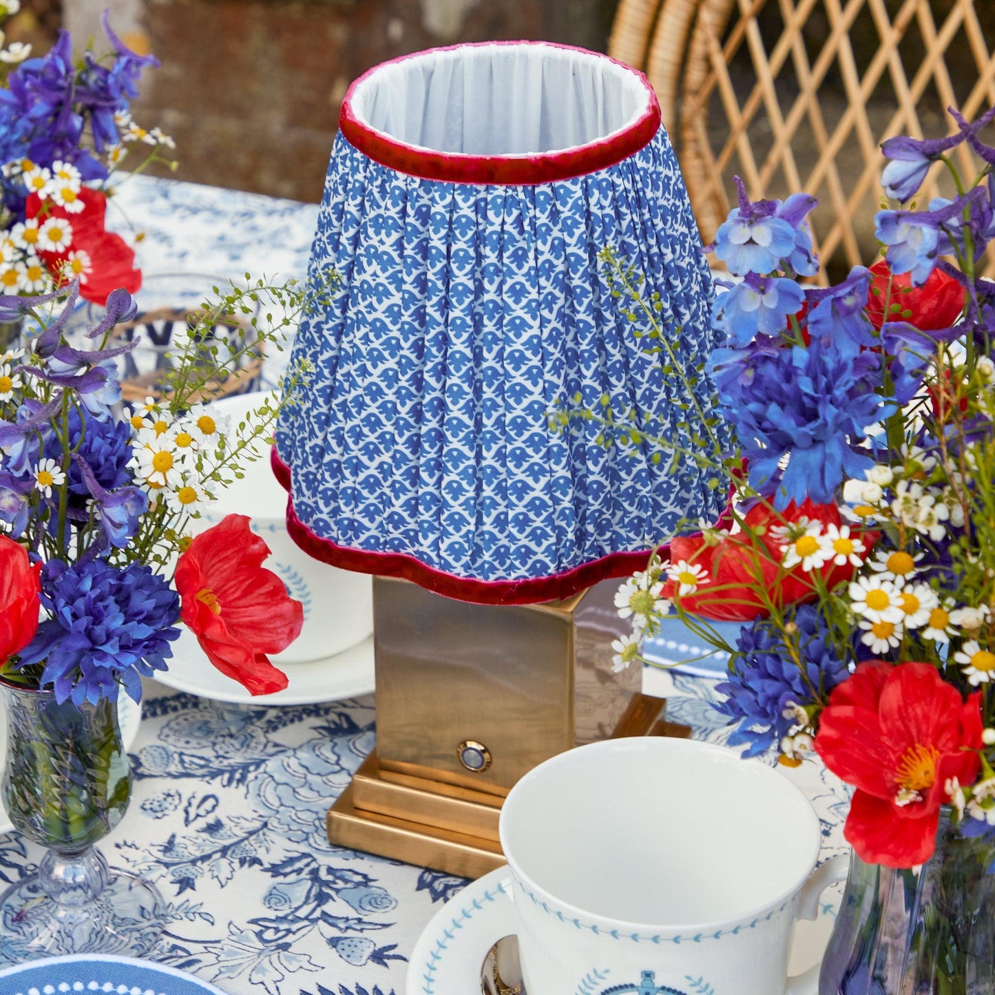 Square Rechargeable Lamp with Cobalt & Red Lotus Shade (18cm)