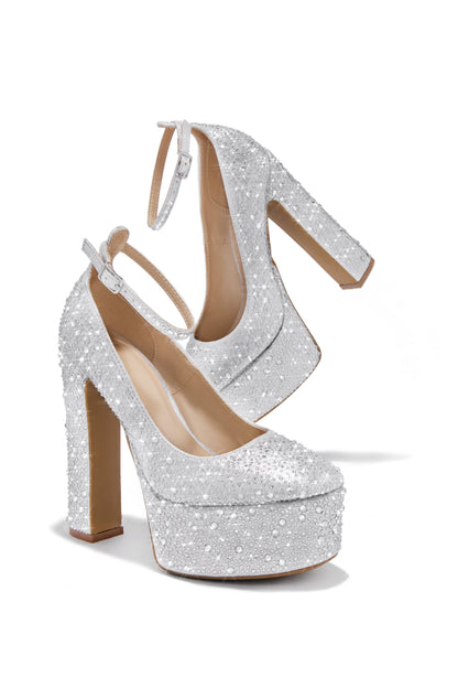 Amarya Embellished Platform Block High Heels - Silver