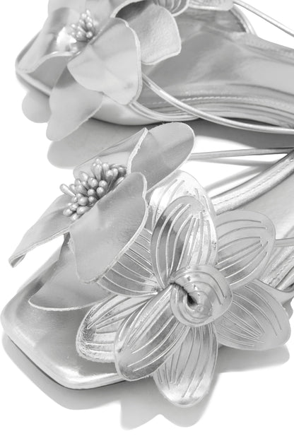 Golden Hour Floral Detail Slip On Sandals - Silver