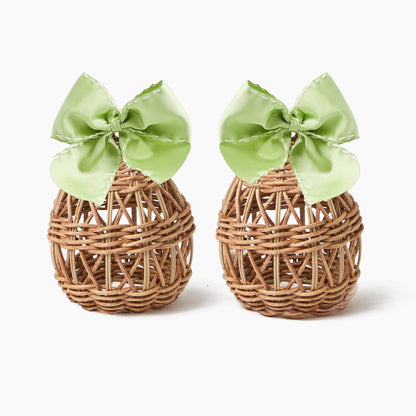 Small Rattan Woven Egg with Green Saddlestitch Bows (Pair)