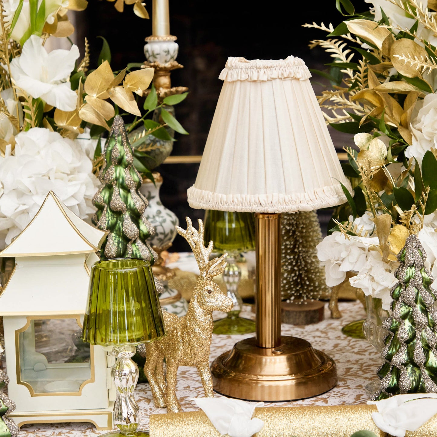 Corinthian Rechargeable Lamp with Cream Frilled Silk Shade (18cm)
