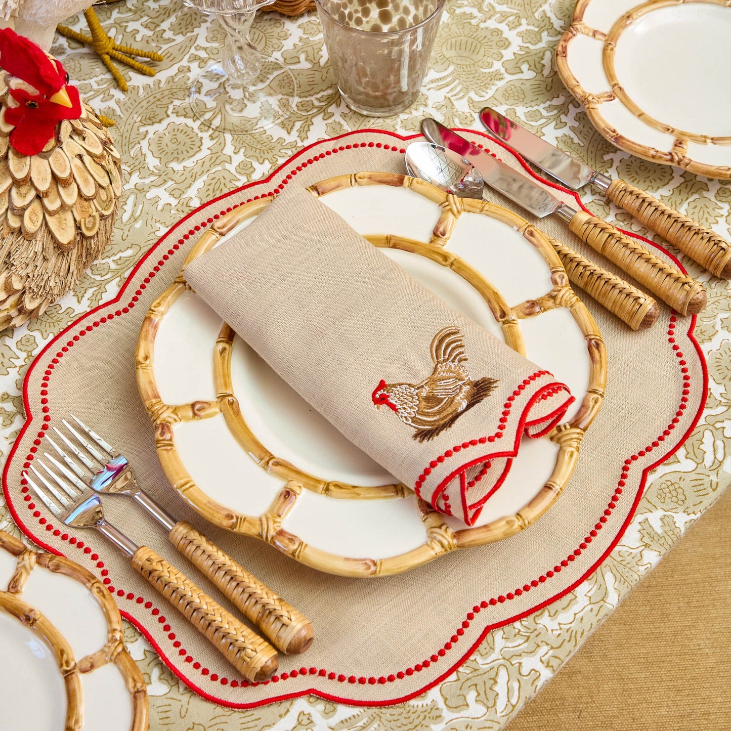 Putty & Red Eloise Linen Placemats & Henrietta Hen Napkins (Set of 4)