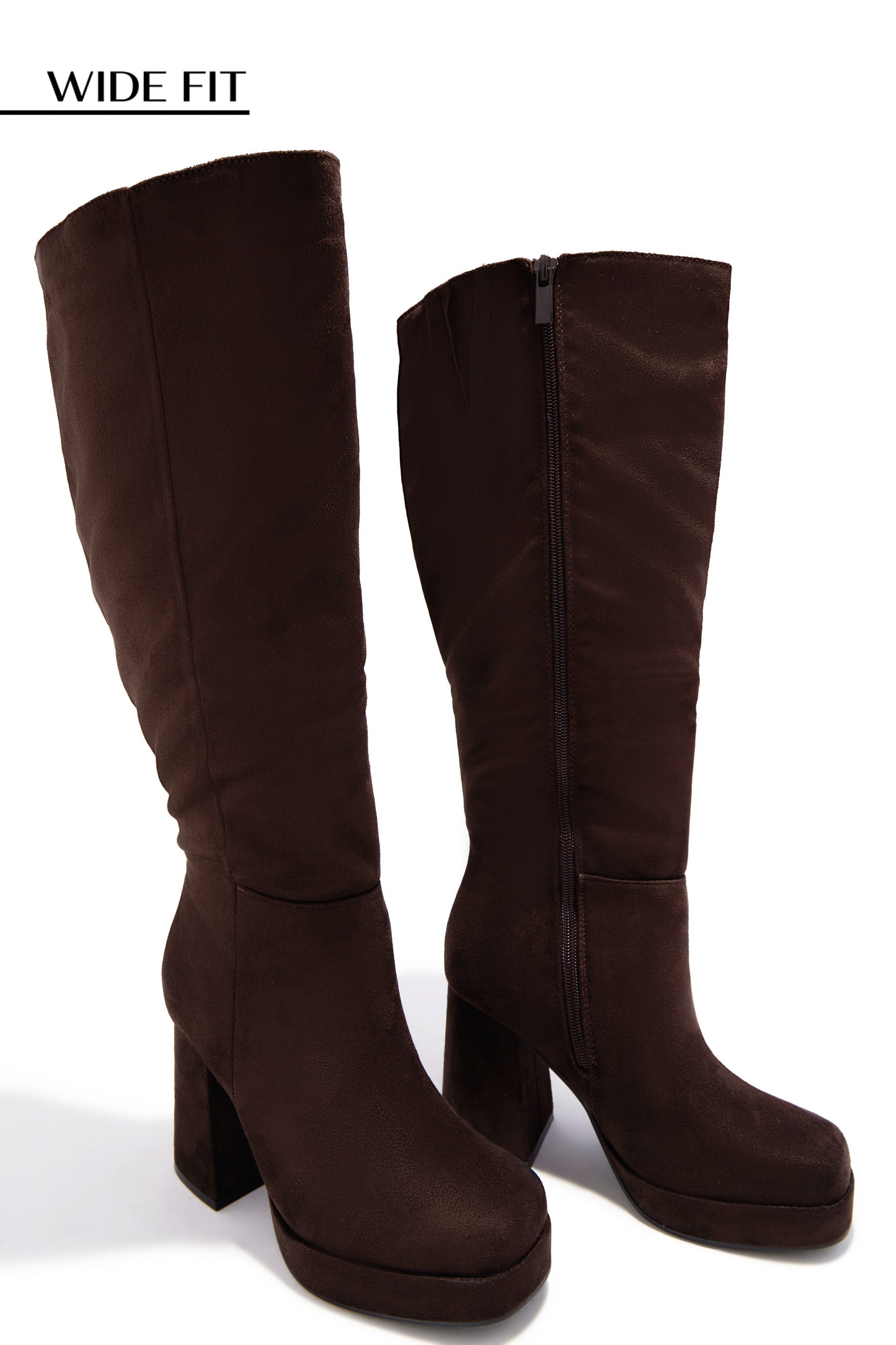 Hudson Wide Fit Platform Block Heel Boots - Brown Suede