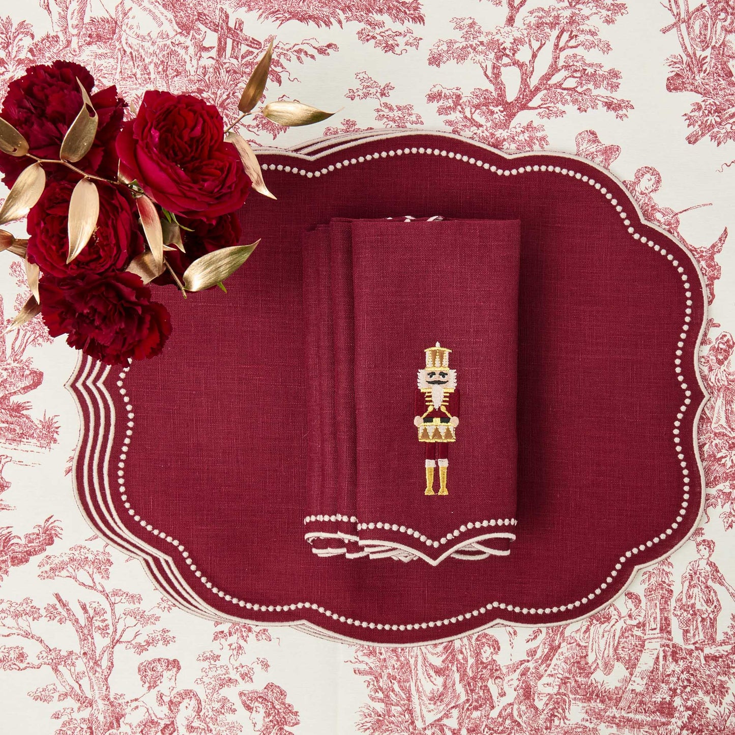 Burgundy Nutcracker Embroidered Linen Napkins (Set of 4)